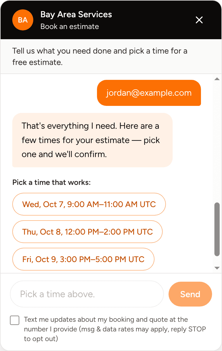 Bay Area Services booking chat offering a customer times for an estimate