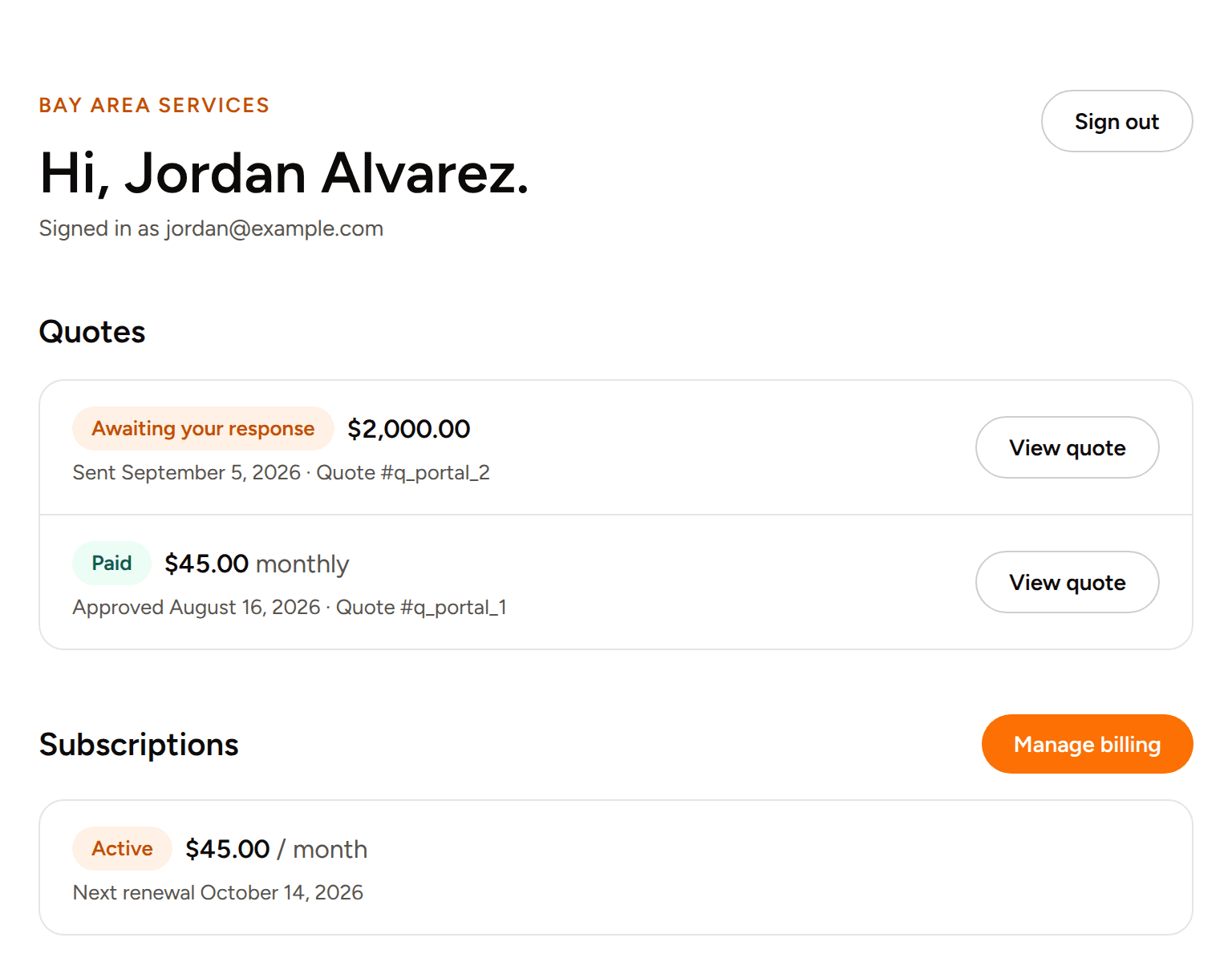A customer portal listing quotes and an active monthly subscription